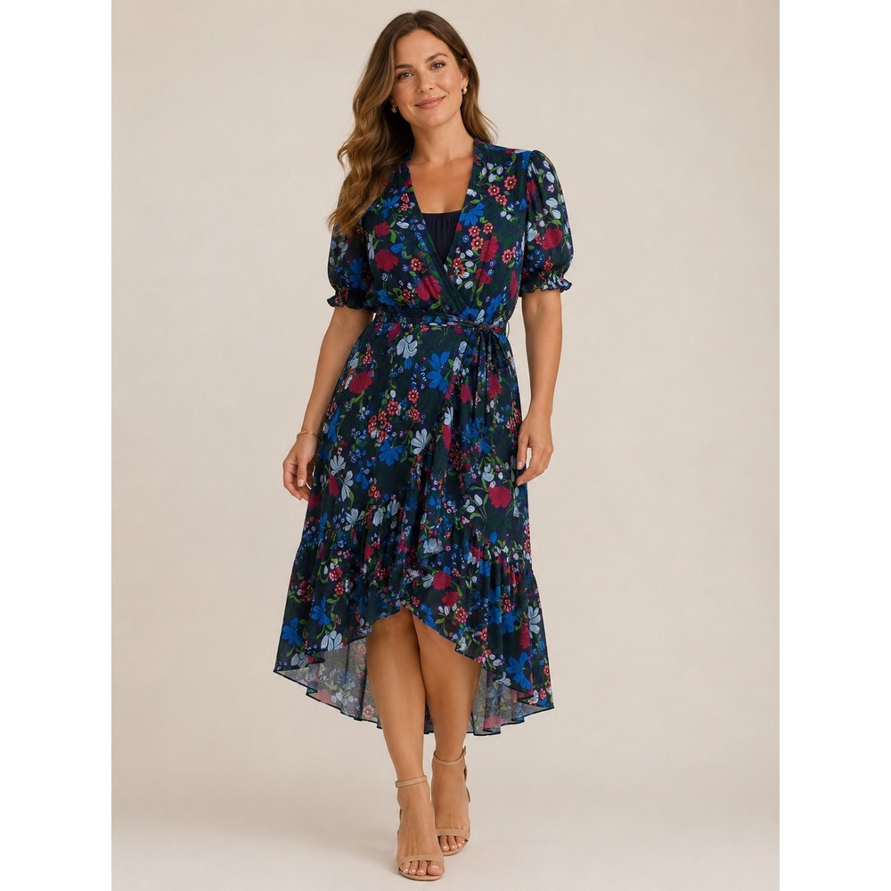 Draper‎ James Navy Floral Faux Wrap High-Low Ruffle Midi Dress Large